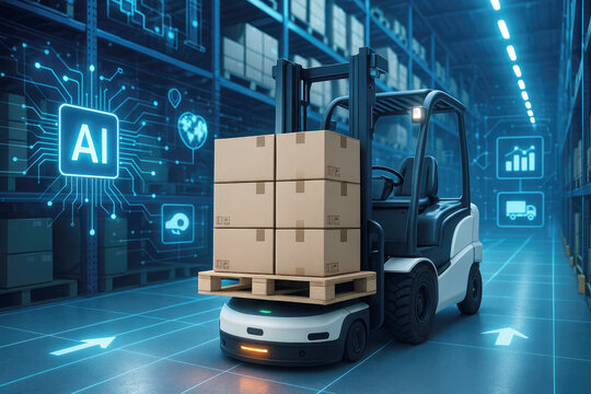 Autonomous forklift with stacked boxes in a futuristic warehouse with AI interface robot logistics
