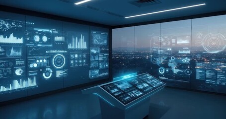 High-tech control room with data displays and skyline - Powered by Adobe