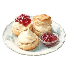 Three scones topped with cream and jam on a plate (1)