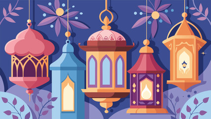 Vector illustration of glowing ornate arabic lanterns in various shapes casting warm light