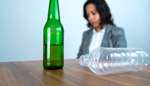 Empty beer bottle and water bottle on table next to pensive woman