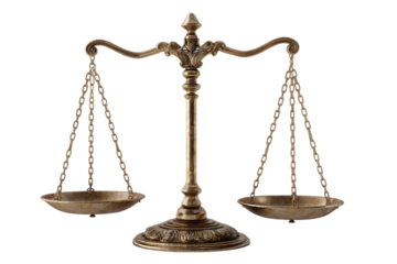 A majestic antique bronze scale of justice, symbolizing balance, fairness, and the pursuit of equitable outcomes in legal proceedings. Isolated on transparent background, cutout