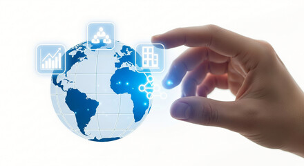 Businessman's hand touching a futuristic digital interface with a glowing globe, managing global business networks, data analytics, and corporate strategy