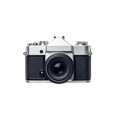 Classic vintage film camera with chrome and black body, manual controls and lens, isolated on a transparent background