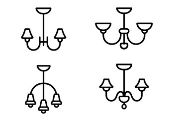 Chandelier icon set vector line art. Ceiling light fixture symbol collection. Isolated simple lamp pictogram for home decor, interior design, logo, web, app graphics.
