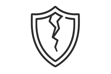 Cracked shield icon symbolizing vulnerability, risk, and failure. Concept of broken security, data breach, or system error. Unprotected and unsafe defense logo for cybersecurity.