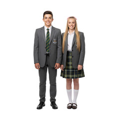 Two students in gray school uniforms with green and blue plaid details smiling together, isolated on a transparent background