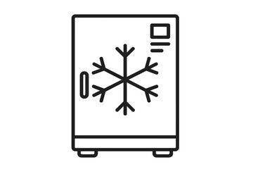 Cold storage freezer icon. Refrigerator line art symbol with snowflake. Kitchen appliance vector for food preservation. Outline illustration for freezing, cooling, fresh food.