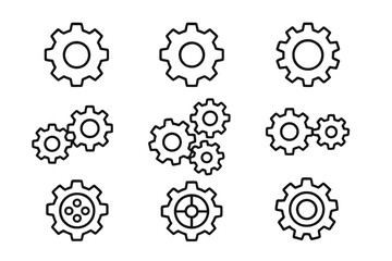Gear and cogwheel line icon set. Mechanism, engineering, and technology symbols. Vector illustration for settings, process, system, and teamwork concepts. Editable stroke.