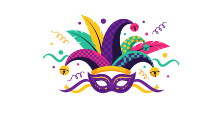 Obraz premium A vibrant illustration of a masquerade mask and jester hat adorned with colorful feathers and festive confetti.