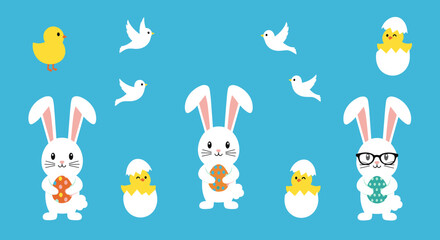 Cute cartoon easter bunnies and chicks celebrating springtime with adorable birds flying.