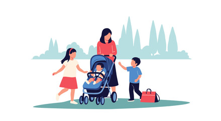Mother with three children going for a walk in the park with a stroller and a bag.