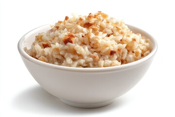 Creamy, light-beige porridge in a white bowl.  Topped with toasted crumbs