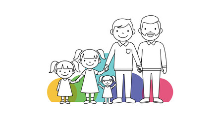 A diverse family enjoying a fun day together with colorful circles in the background.