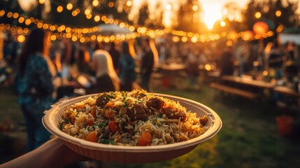 Plate of Colorful Rice and Vegetables at Outdoor Evening Festival with String Lights and Crowd