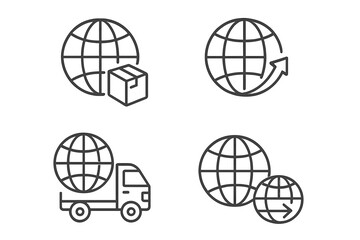 Global delivery icon set. Worldwide shipping and logistics symbols. International freight and transport signs. Vector outline illustration for web, mobile apps, and cargo business.
