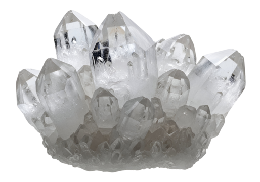 A cluster of clear quartz crystals displays intricate facets against a stark black background.