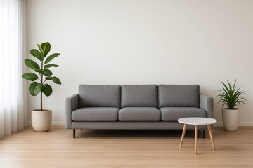 Fototapeta premium Contemporary living room with grey sofa and small white table couch interior