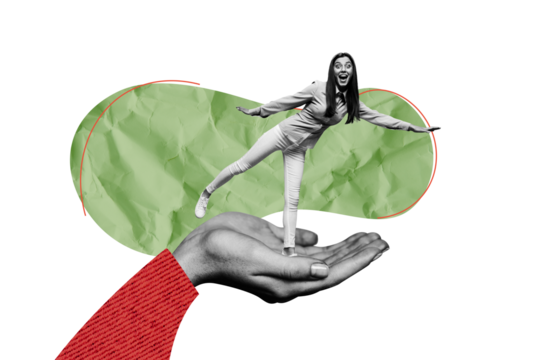 Composite photo collage of happy girl dance plane pose balance human palm hand occasion weekend isolated on painted background