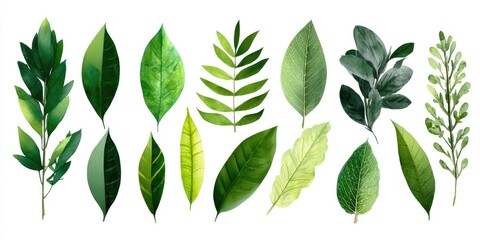 Assorted vibrant green leaves, various shapes and sizes, isolated on white background