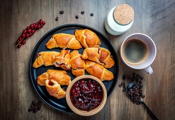 Delicious breakfast with croissants and coffee.