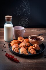 Rustic breakfast with croissants and milk.