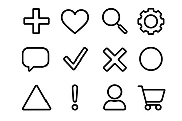 Plus heart loupe settings speech bubble check cross circle triangle exclamation user shopping cart icons, outline vector symbols for graphic design, web apps, adverts, cards