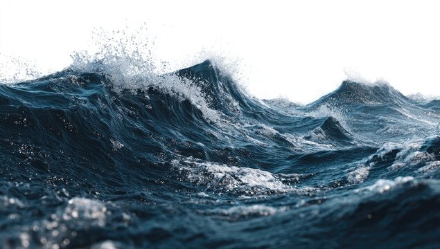 Powerful ocean waves crash against each other, creating white foamy crests. Dark, deep blue water surges forward - Powered by Adobe