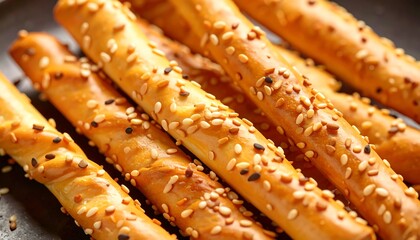 Close-up of Golden Sesame Breadsticks, Crunchy and Delicious Snack