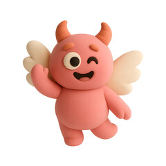 A cute, playful pink claymation devil character with horns and wings, winking and waving, isolated on a white background.