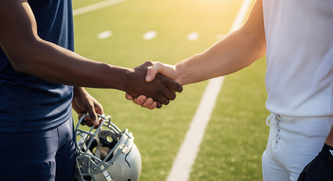 Two diverse football players demonstrate excellent sportsmanship by shaking hands on a sunny green field, symbolizing unity and fair play after a game.