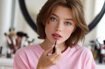 a young girl in her bedroom, applying lipstick from an elegant makeup station with a mirror and brush set on top of it
