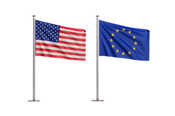 American flag and EU flag on flagpoles with stars and stripes clearly visible, isolated on a transparent background