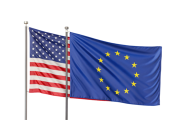 American Stars and Stripes flag alongside European Union flag on flagpoles waving together, isolated on a transparent background