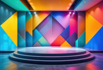 Geometric Abstraction Award Stage  Interlocking shapes, vibrant colors. Dynamic lighting. Polished concrete flooring.