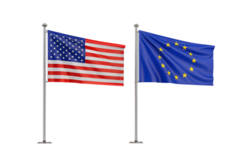 United States and European Union flags on standing poles with clean background, isolated on a transparent background