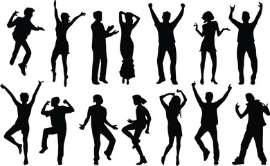 Obraz premium Dancing silhouettes, celebration poses, expressive movement, black vector figures, joyful stances, human gestures, party motion, dance icons, body language, silhouette set, white background
