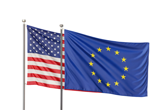 American Stars and Stripes flag alongside European Union flag on flagpoles waving together, isolated on a transparent background