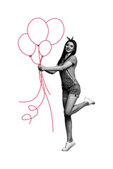 Composite trend artwork image collage of monochrome young woman pinup style model posing stand hand hold drawn air balloons holiday
