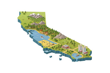 California isometric 3D map showing mountains forests cities coastline agricultural valleys energy infrastructure, isolated on a transparent background
