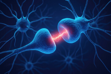 Fototapeta na wymiar Detailed view of blue neurons and synapses with bright red electrical impulses transmitting between them on a dark background