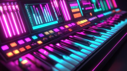 Obraz premium Futuristic keyboard with vibrant neon lighting and digital displays