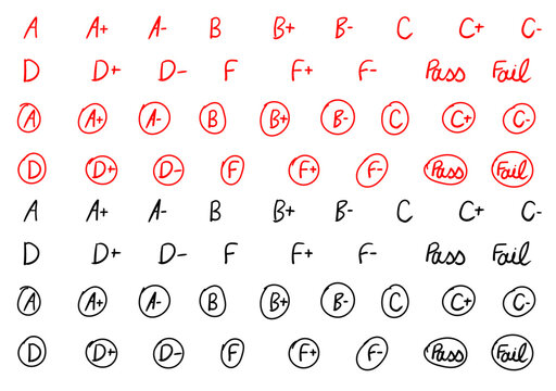 all educational grades from A to F hand written with paintbrush, vector illustration or transparent PNG of exams grades in black and red 