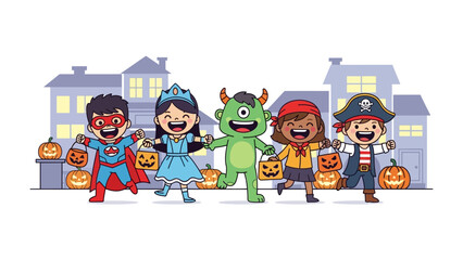 Halloween Costume Parade: A vibrant illustration of children in playful costumes, exuding joy as they embark on their trick-or-treating adventure, embodying the spirit of Halloween.