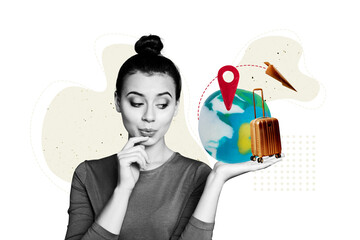Composite photo collage of minded girl hold globe geometric icon suitcase paper plane flight summer vacation isolated on painted background