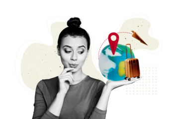 Composite photo collage of minded girl hold globe geometric icon suitcase paper plane flight summer vacation isolated on painted background