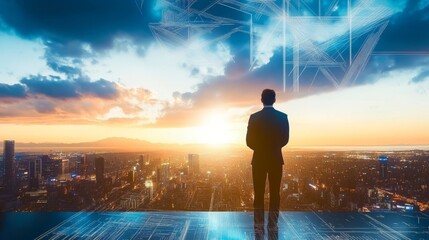 Obraz premium Businessman Contemplating Future Opportunities at Sunset in a Futuristic Urban Landscape Scene