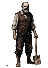 Fantasy RPG illustration of a weather-beaten grave digger with cracked hands, pallid skin, messy grey hair, old school gothic character design for tabletop roleplaying