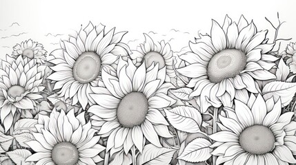 Black and white sunflower field illustration