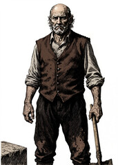 Fantasy RPG illustration of a weather-beaten grave digger with cracked hands, pallid skin, messy grey hair, old school gothic character design for tabletop roleplaying